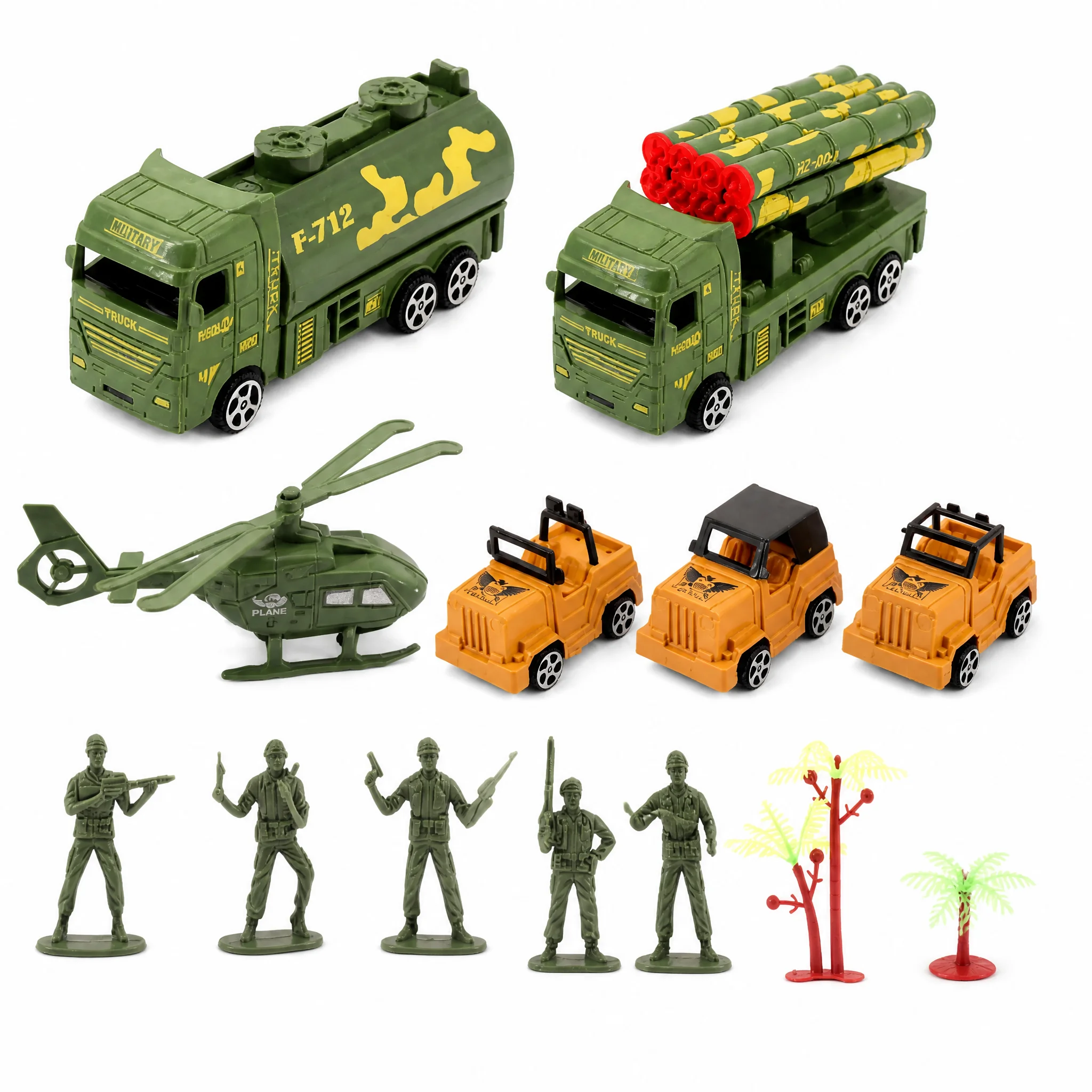 Militaire speelgoedvoertuigenset met vrachtwagens, helikopter en soldatenfiguren - Actiespel met wrijvingsaangedreven voertuigen voor kinderen, bespaar door meer te kopen