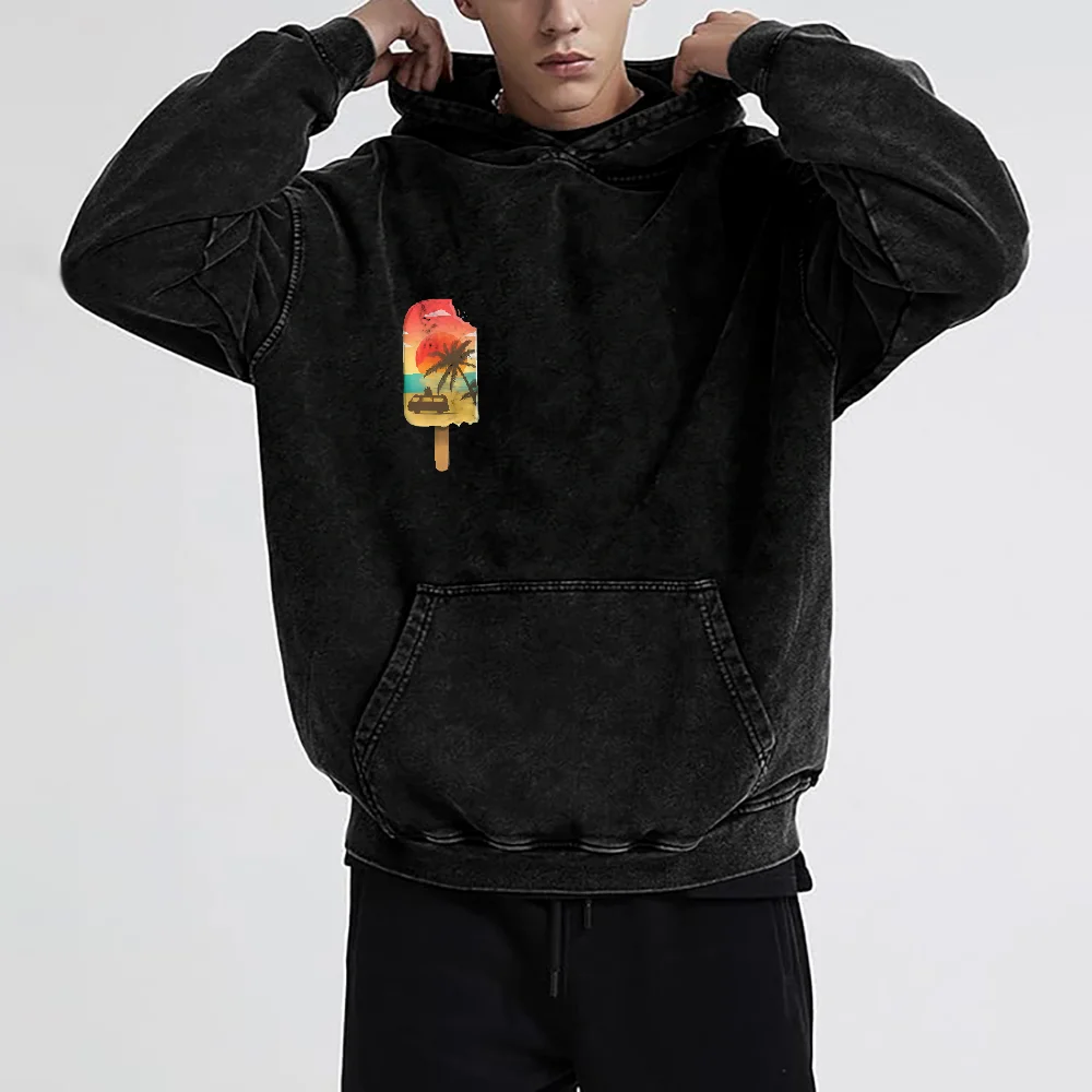 비치 팝 후드 소프트 블랙 소재 레트로 아이스 팝 선셋 프린트 캐주얼 루즈 긴팔 여름 바이브스 편안한 탑