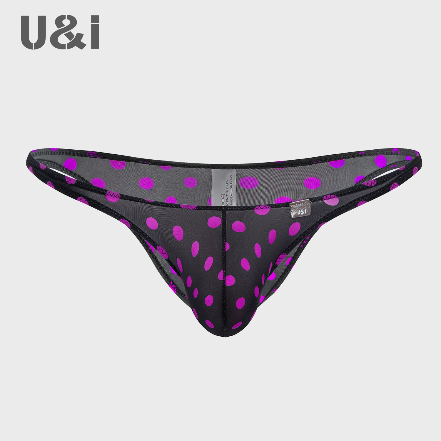 U&I sexy briefs men\'s ultra low waist half hip U convex bikini dot print micro transparent thin nylon