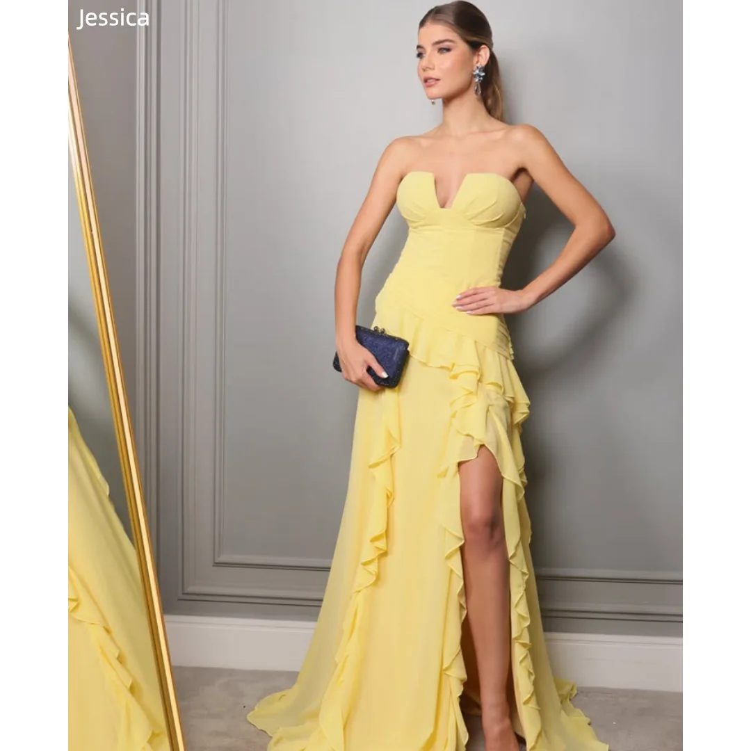 

Jessica Formal Occasions Evening Dresses Yellow Prom Dresses Chiffon with Curled Edges, Sexy Side Slit Party Dresses