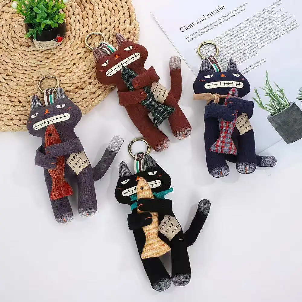 

Handmade Ugly Cute Cat Keychain Holding Fish Quirky Plush Doll Bag Pendant Scarf Cat Keyring Gift for Women Girls Creative