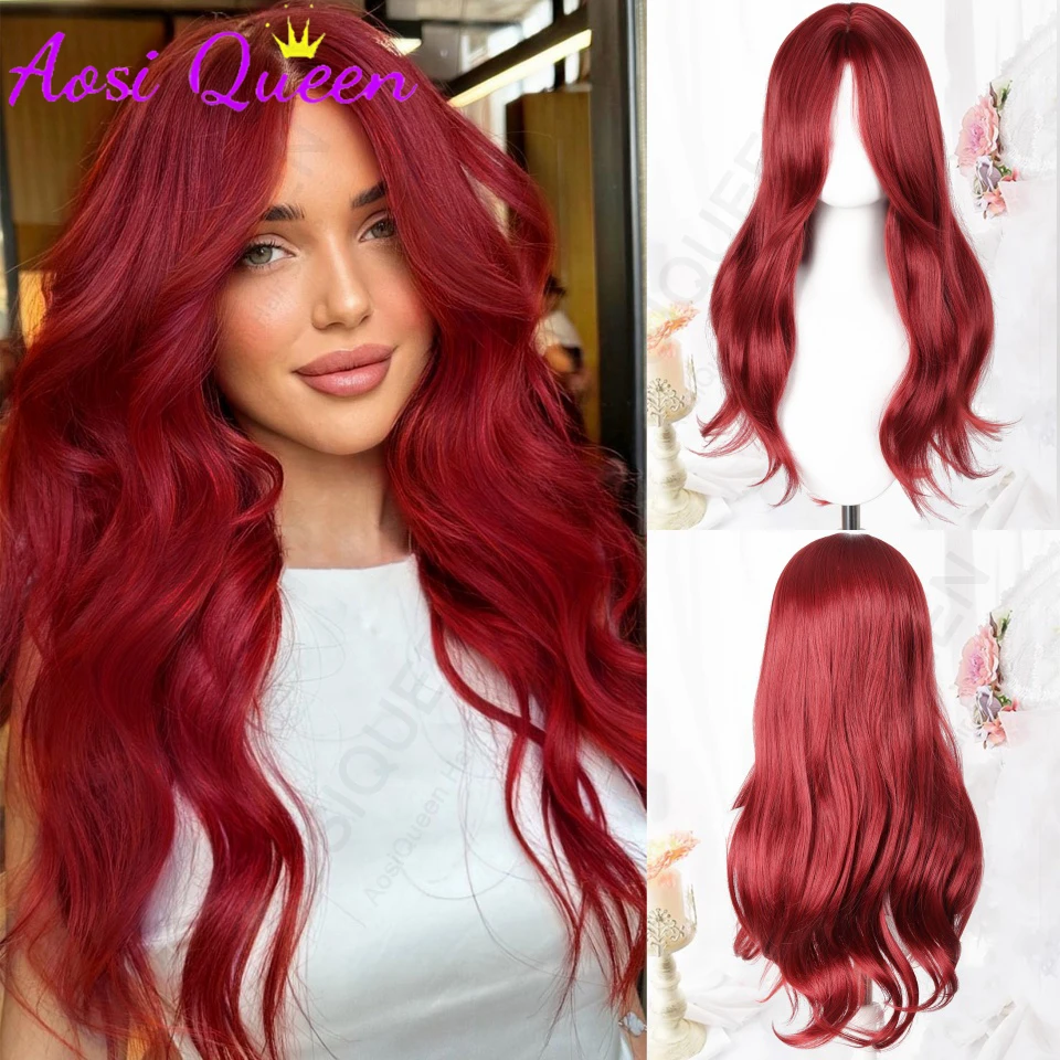 Red Long Curly Wavy Synthetic Heat Resistant Wig With Bangs Women Wigs For Daily Wear Cosplay Party Gifts Christmas Winter Wigs