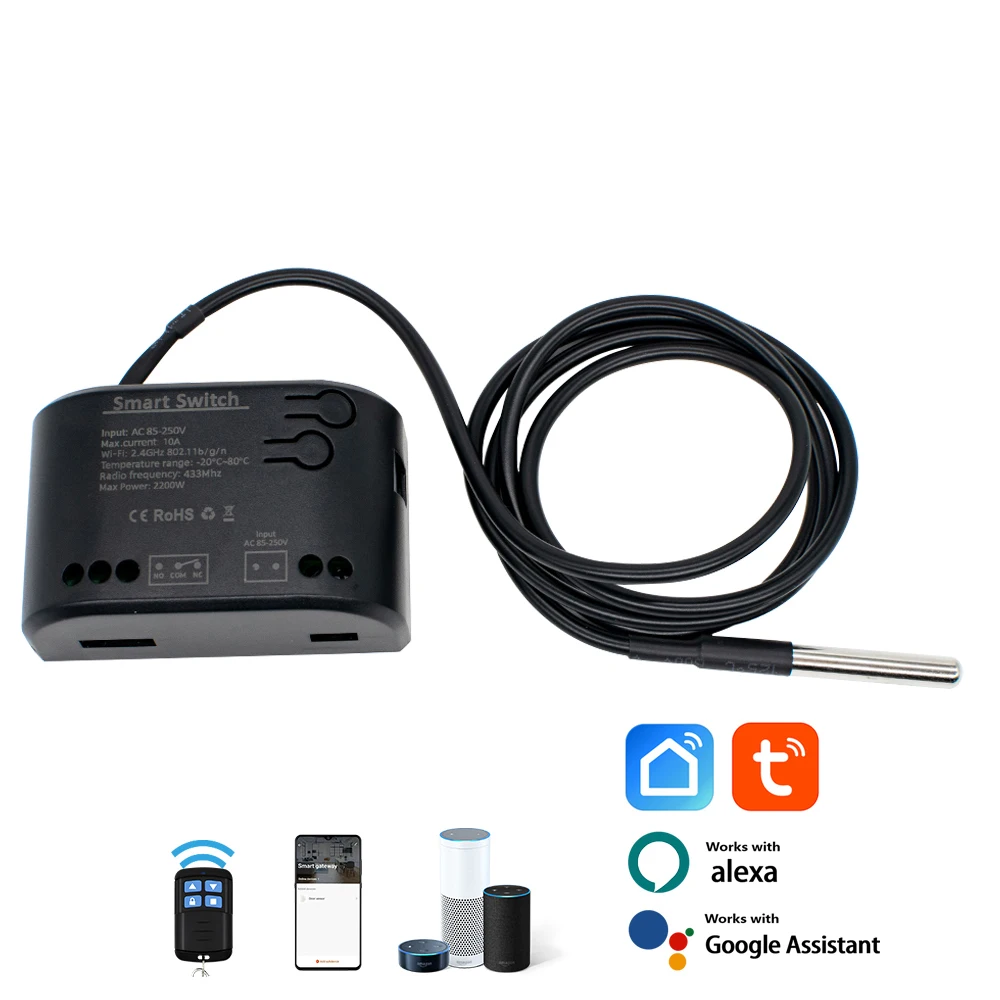 

Релейный модуль Smart Switch Tuya с сухим контактом, 1 канал с датчиком температуры, контроллер температуры RF433/голосовое управление, работа Alexa