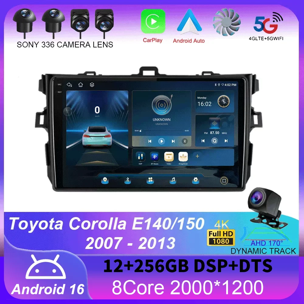 

Android 16 Carplay 2din Car Radio For Toyota Corolla E140/150 2007 2008 2009 2010 2011 2012 2013 4G GPS Multimedia Player Stereo