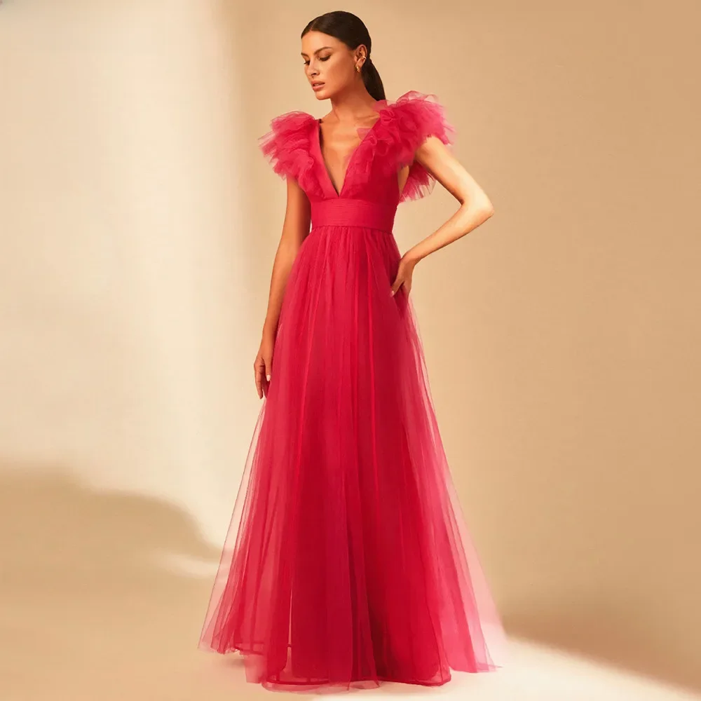 Sevintage Simple Ruffles tiulowe suknie na studniówkę 2022 rękawy Cap V-neck formalne suknie na bal bez pleców, długa damska suknia wieczorowa — zdjęcie 2