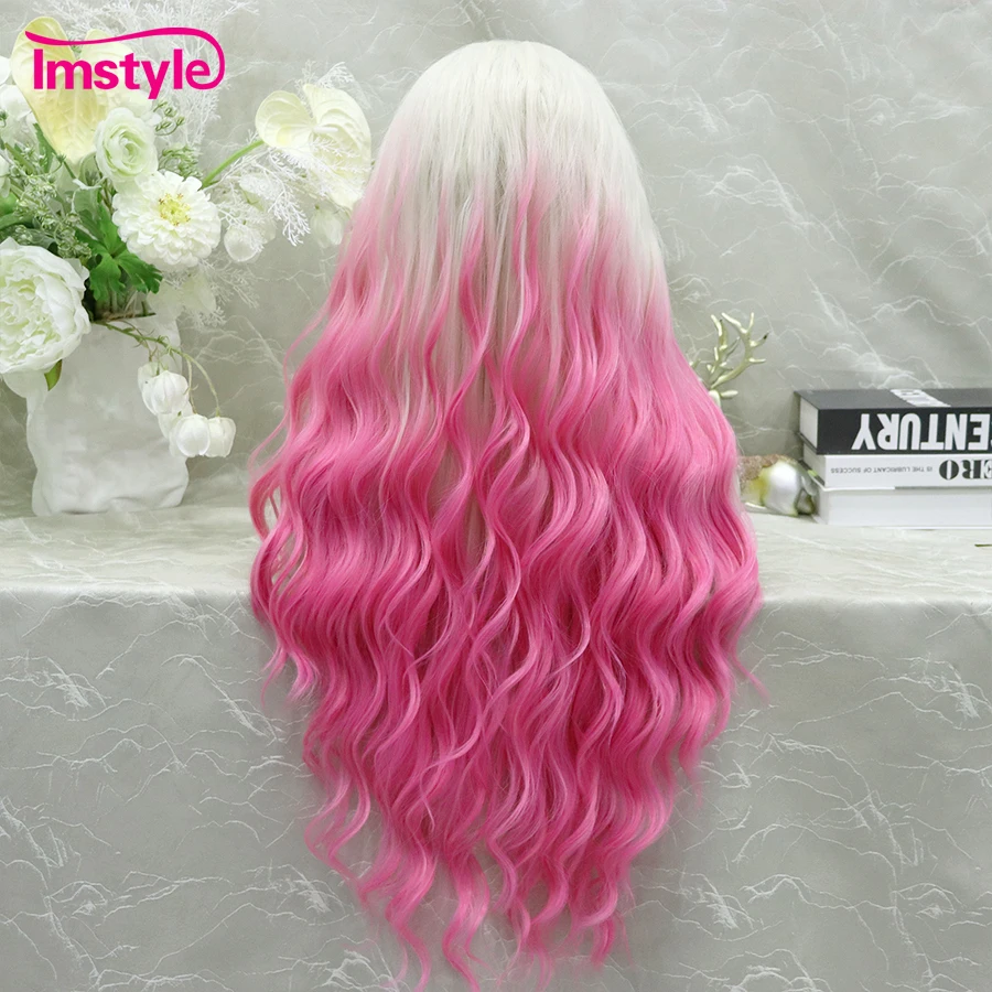 Imstyle Ombre rosa platino parrucca parrucca anteriore in pizzo sintetico lungo onda profonda partito parrucche Cosplay per le donne fibra