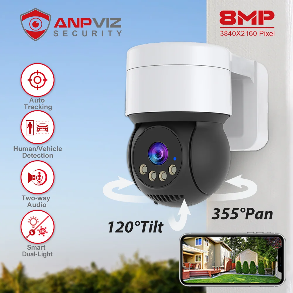 Anpviz 8MP 3.6mm Lens 2.4/5G WIFI Hybrid Light Auto Tracking Human Vehicle Detection Mini PT  Dome Camera Dual Light Up to 30m