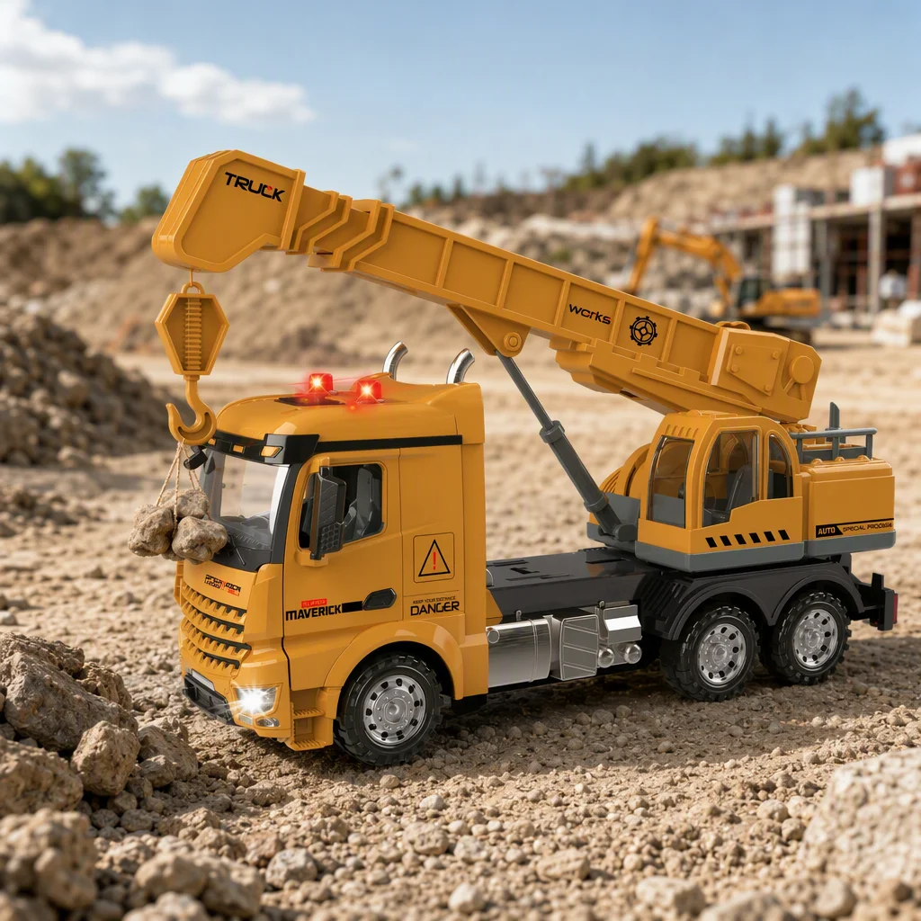 Grue de construction jouet à inertie (30 cm) – Camion d’ingénierie avec bras de levage articulé, lumières et effets sonores – Véhicule réaliste pour un chantier de construction.