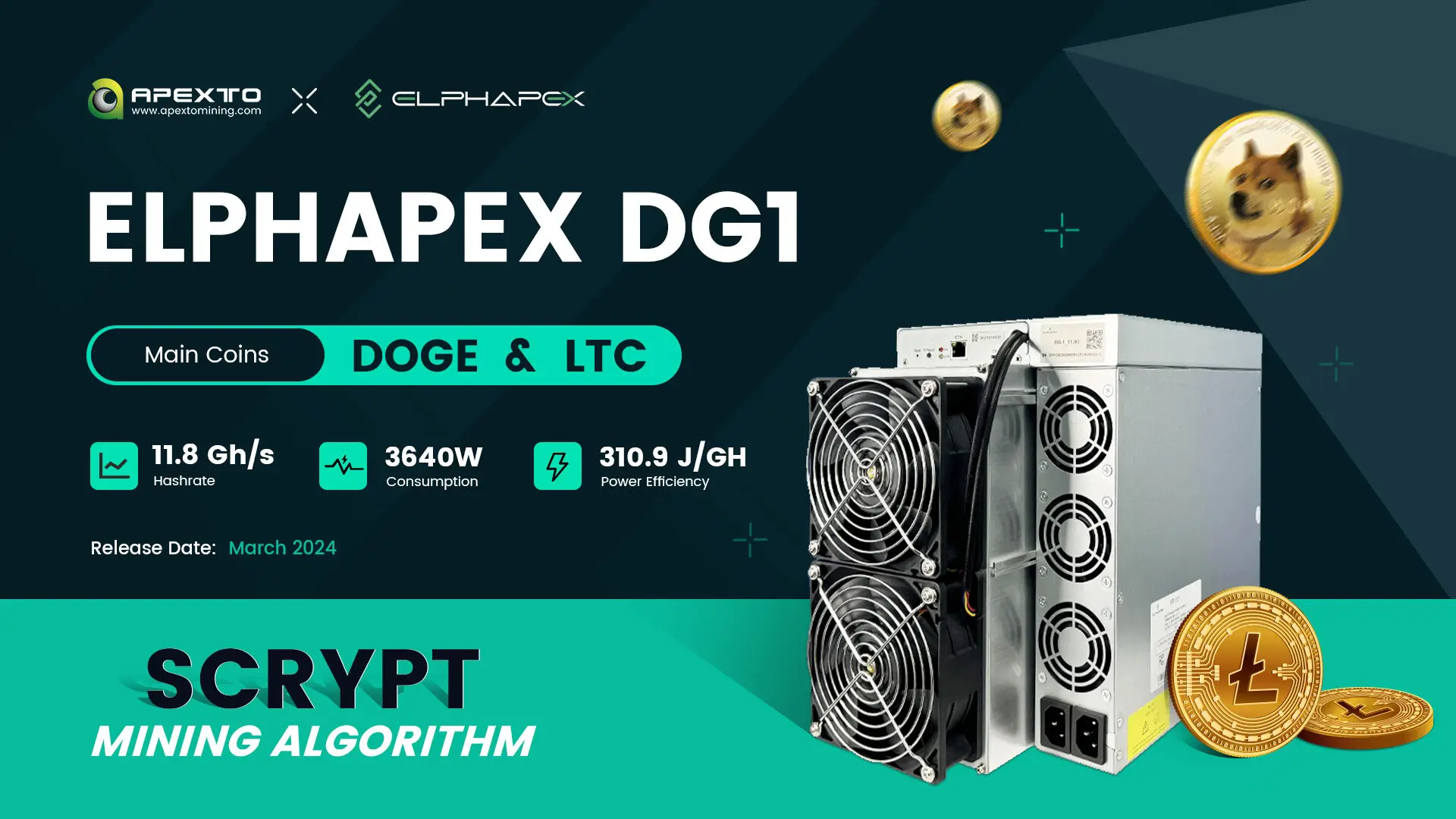 

1s Elphapex DG1 11G LTC Litecoin DOGE Dogecoin Asic Miner Profitability Hashrate 11Gh/s 3420W New in