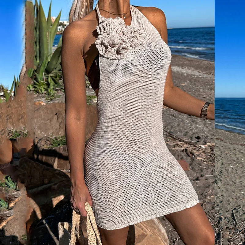 

Women's Halter Neck Backless Bodycon Knit Dress Sexy Hollow out Sheer Crochet Bikini Cover-Up Tunic Swimsuit Beach Swimwear