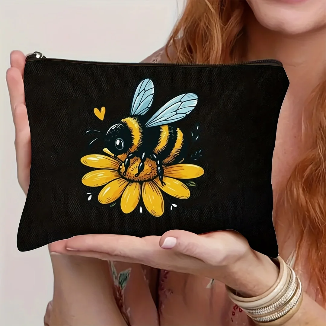 1Pc Cute Bee Retro Design Multifunctional Travel Makeup Bag, Snack Storage Bag, Stationery Storage Bag, Fashionable Toiletry Bag, Canvas Double-Sided Printed Zipper Pouch