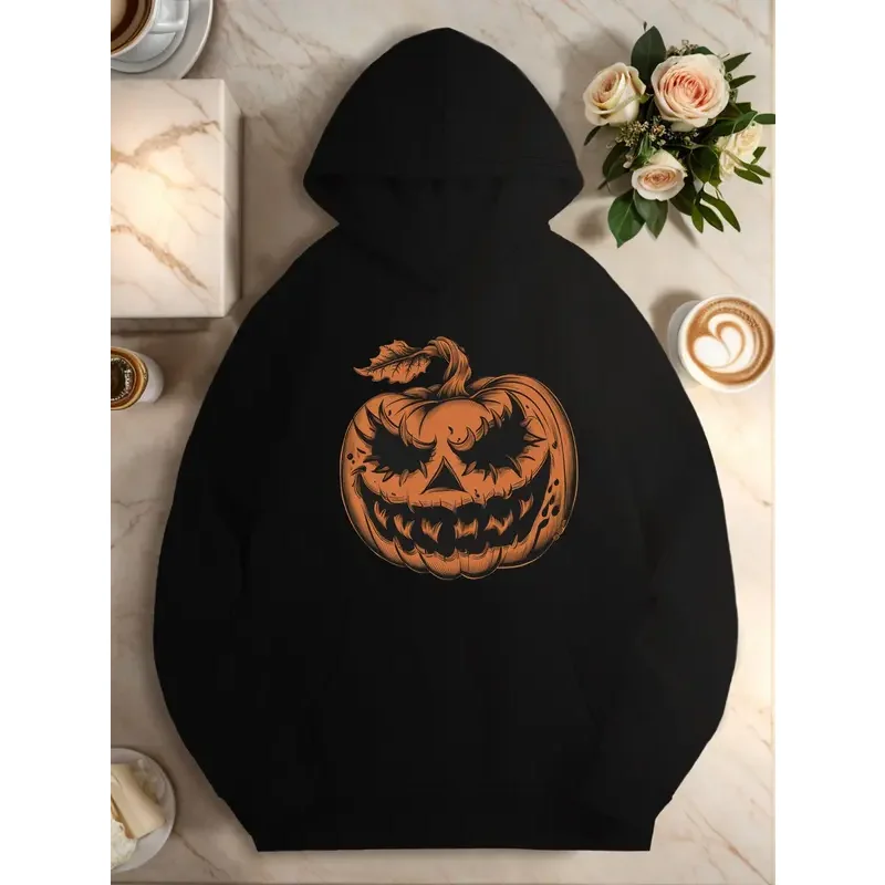 

Halloween Menacing Stylized Pumpkin Print Kangaroo Pocket Hoodie Casual Long Sleeve Hooded Sweatshirt Women's Clothing
