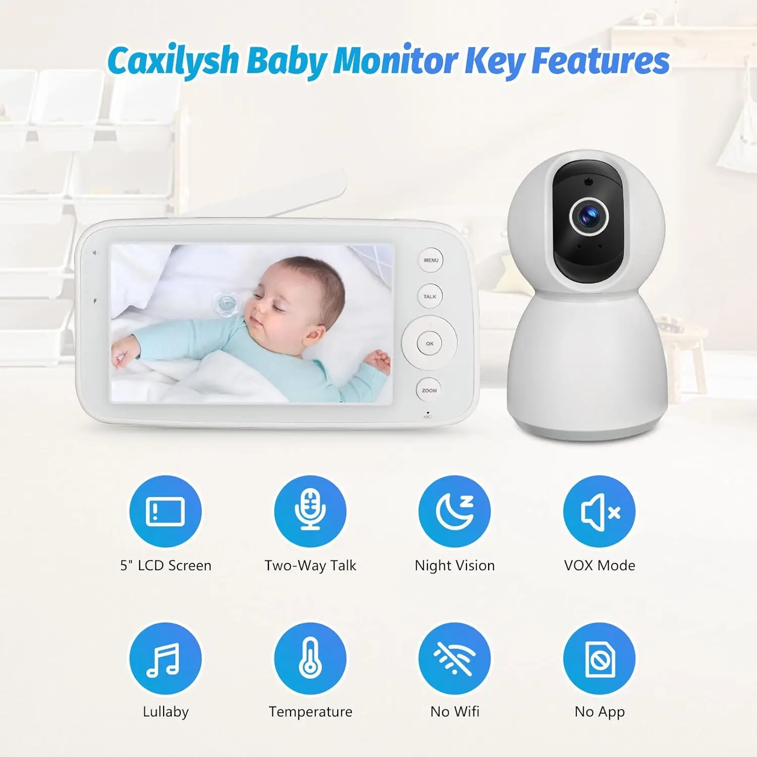 Baby Monitor Camera Audio 5 Inch Screen 28 Hours Battery Video Camera Night Vision 2-Way Talk Lullabies Baby Nanny Security Cam