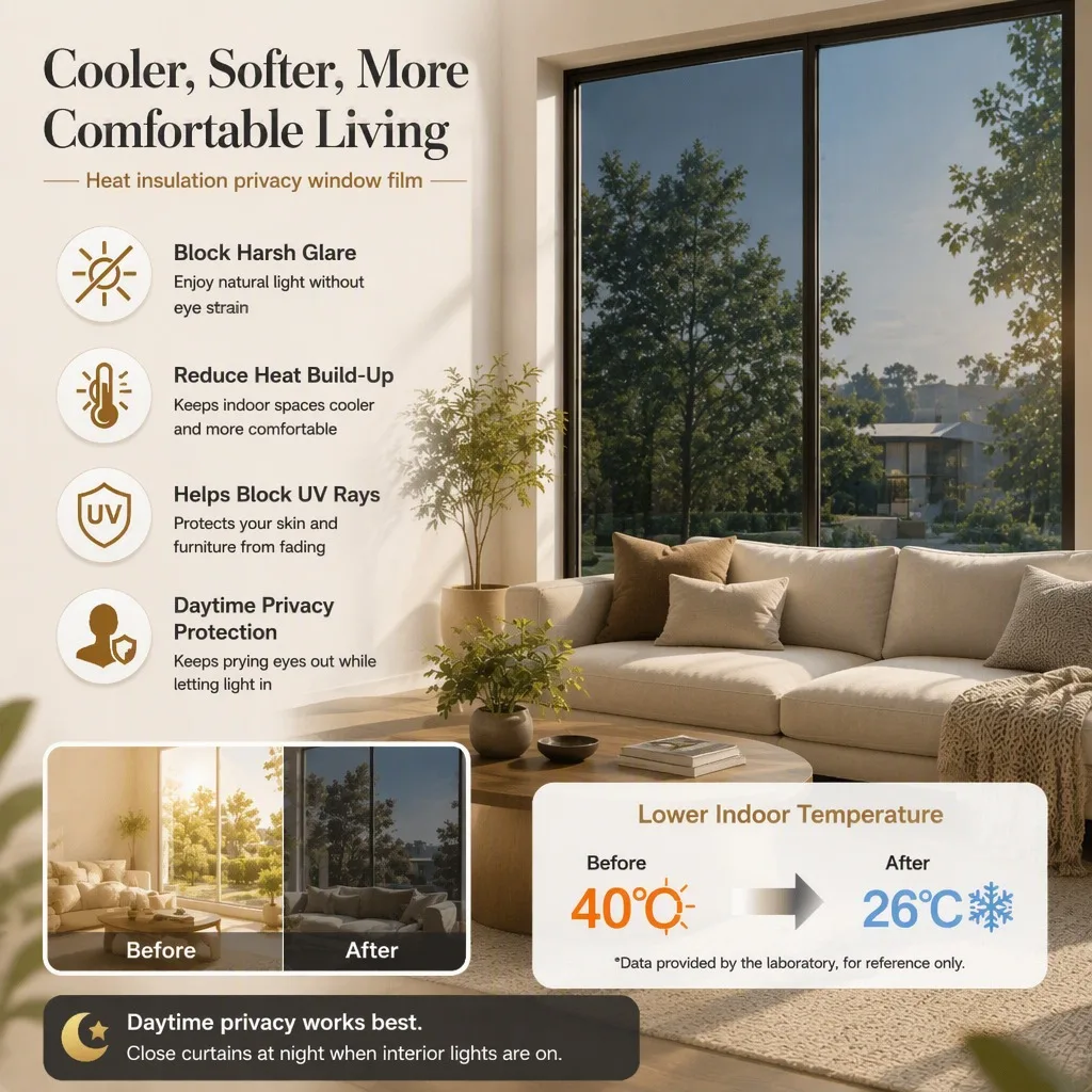 Large Size One Way Privacy Window Film Sun Block Heat Control Self Adhesive Static Cling for Home Office Glass