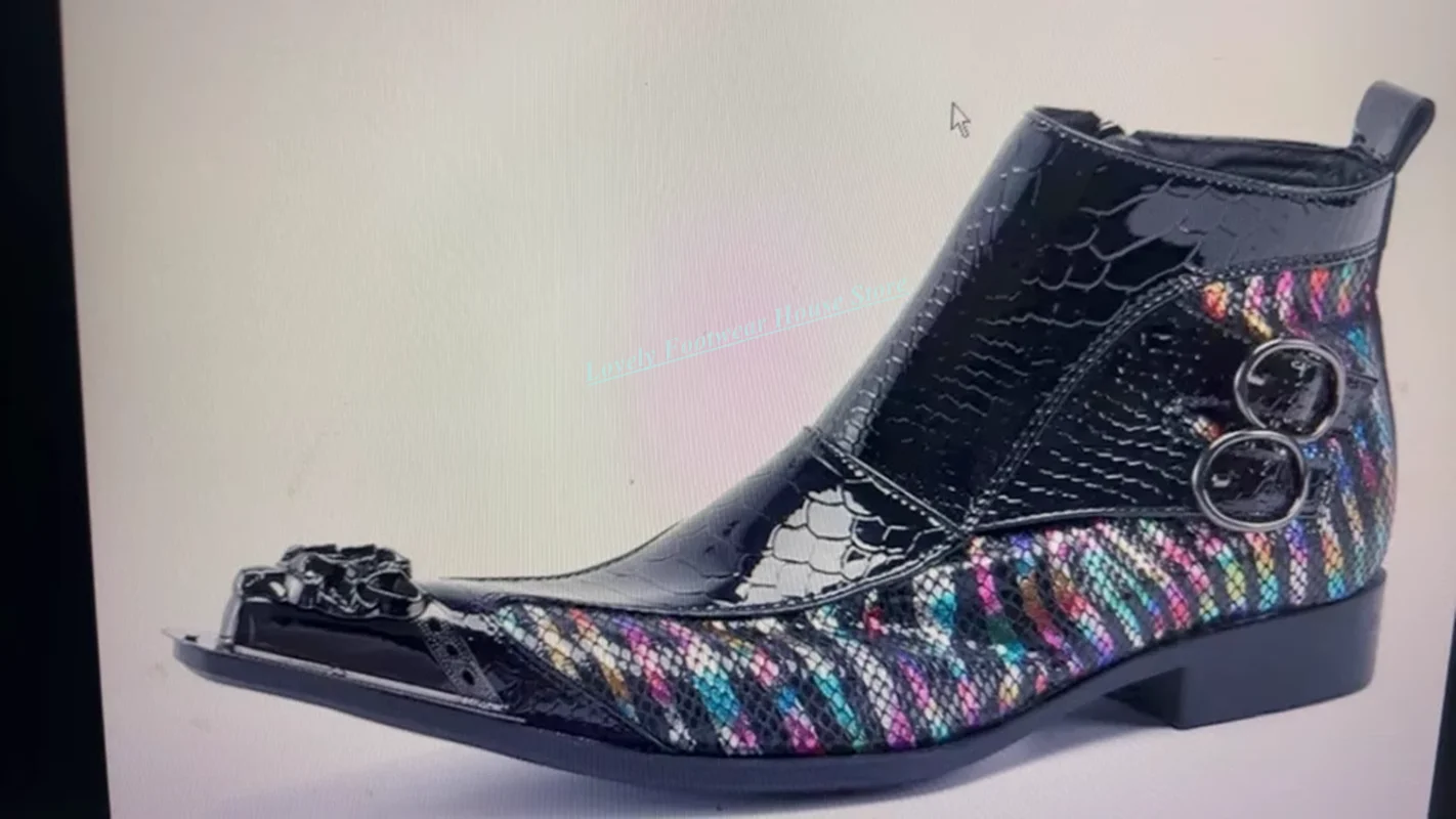 

Colorful Stripe Genuine Leather Men High Top Boots Pointed Toe Male Square Heel Slip On Spring Autumn Ankle Boots Shoes