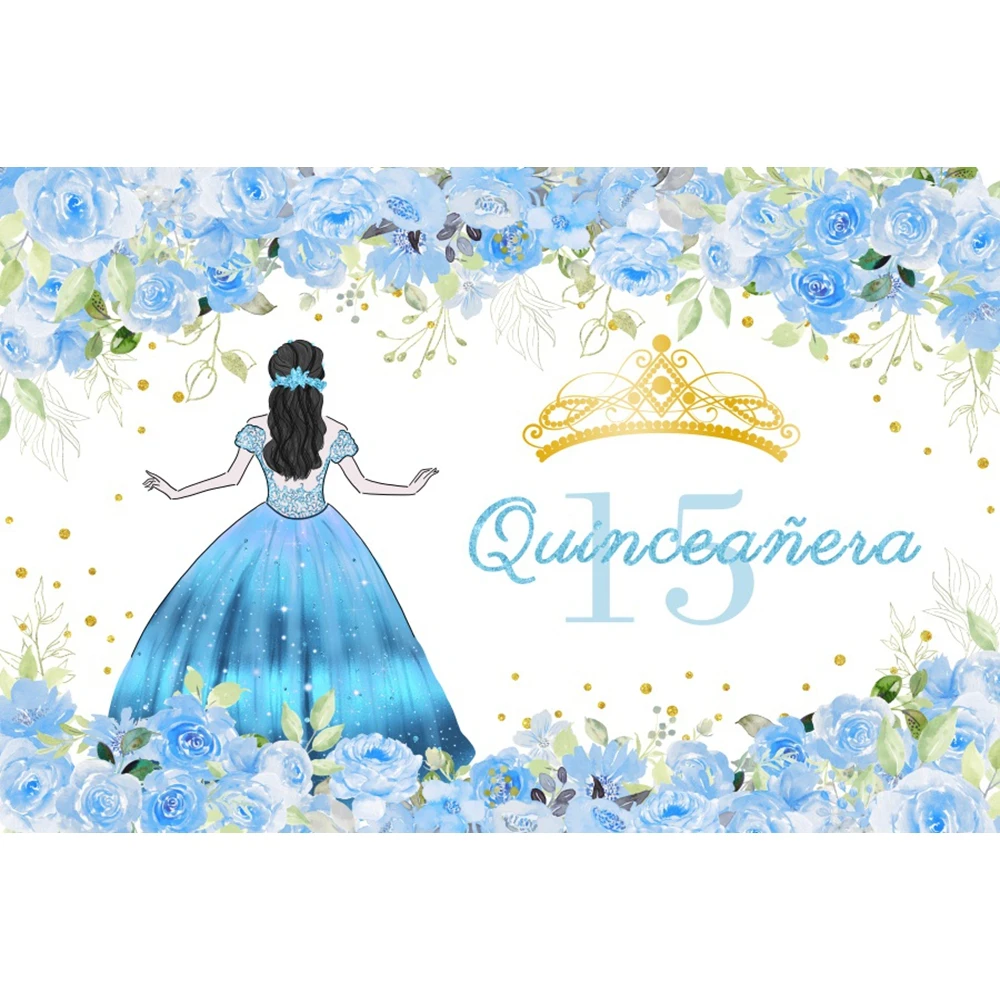 Quinceanera 15th 16th Princess Birthday Party Photography Backdrop Sweet Girl Flowers Dress Glitter Crown Photo Background Decor