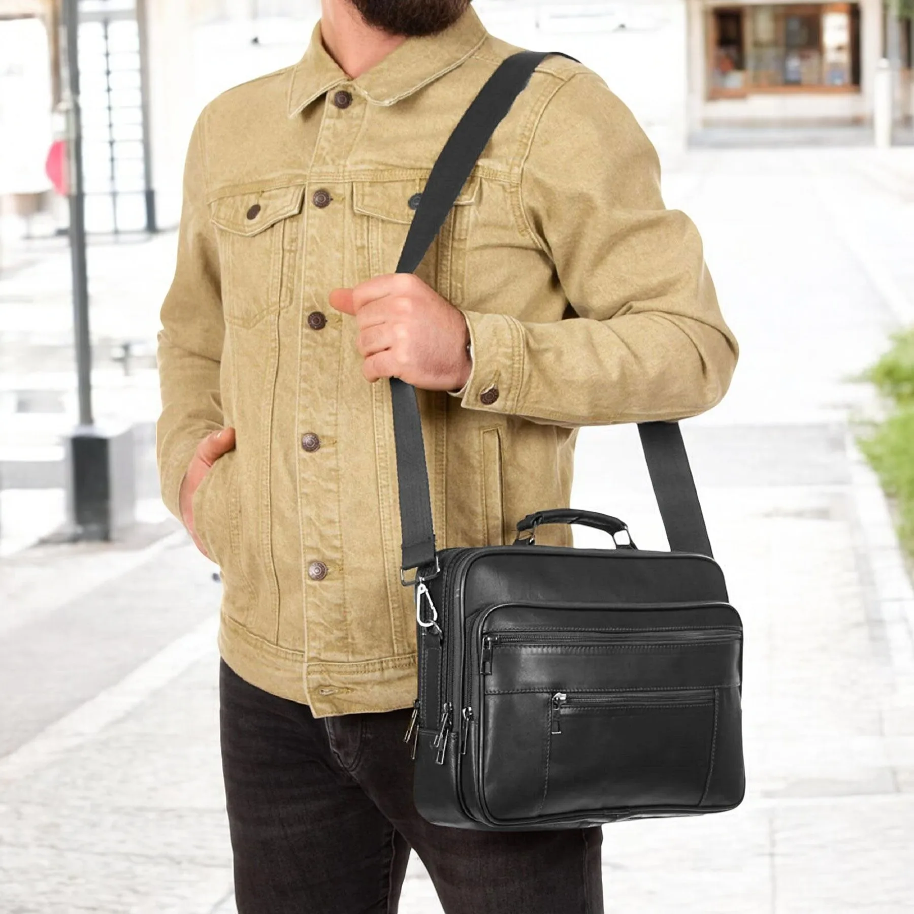 Lederax Oversized Stalen Case Mannen Echt Lederen Schoudertas Cross-Body Messenger Bag Multi-Pocket Purse Zachte Handtas