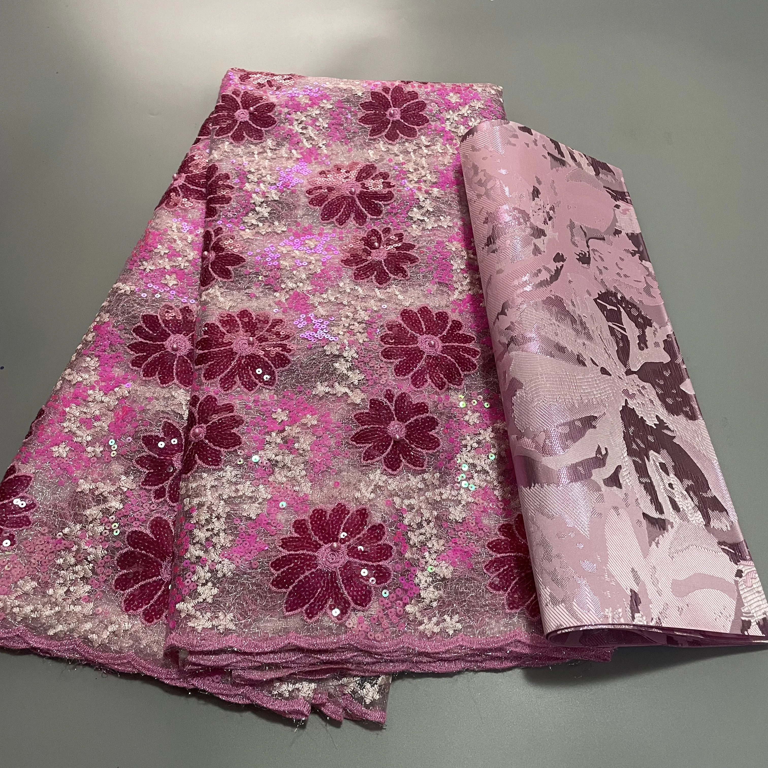 Luxury Nigerian Sequins Pink Lace Fabric High Quality African Guipure French Lace Material 5Yards With 3D Sego Headtie Wrap 2PCS