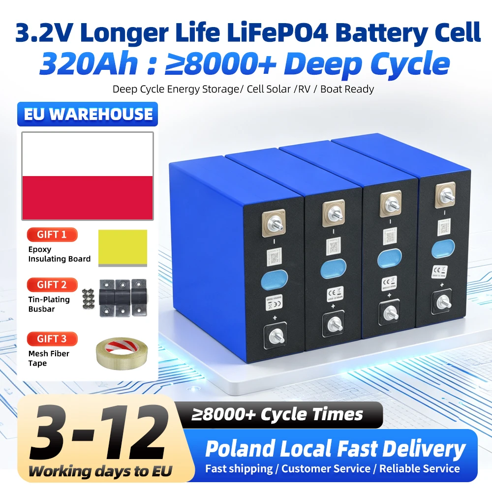 4/8/16 Stück 3,2V 320Ah 8000+ Zyklen Klasse A LiFePO4-Batteriezelle, prismatische Lithium-Eisenphosphat-Zelle zur Montage von 12V 24V 48V Batteriepacks für Heimspeicher, Wohnmobile, Boote,