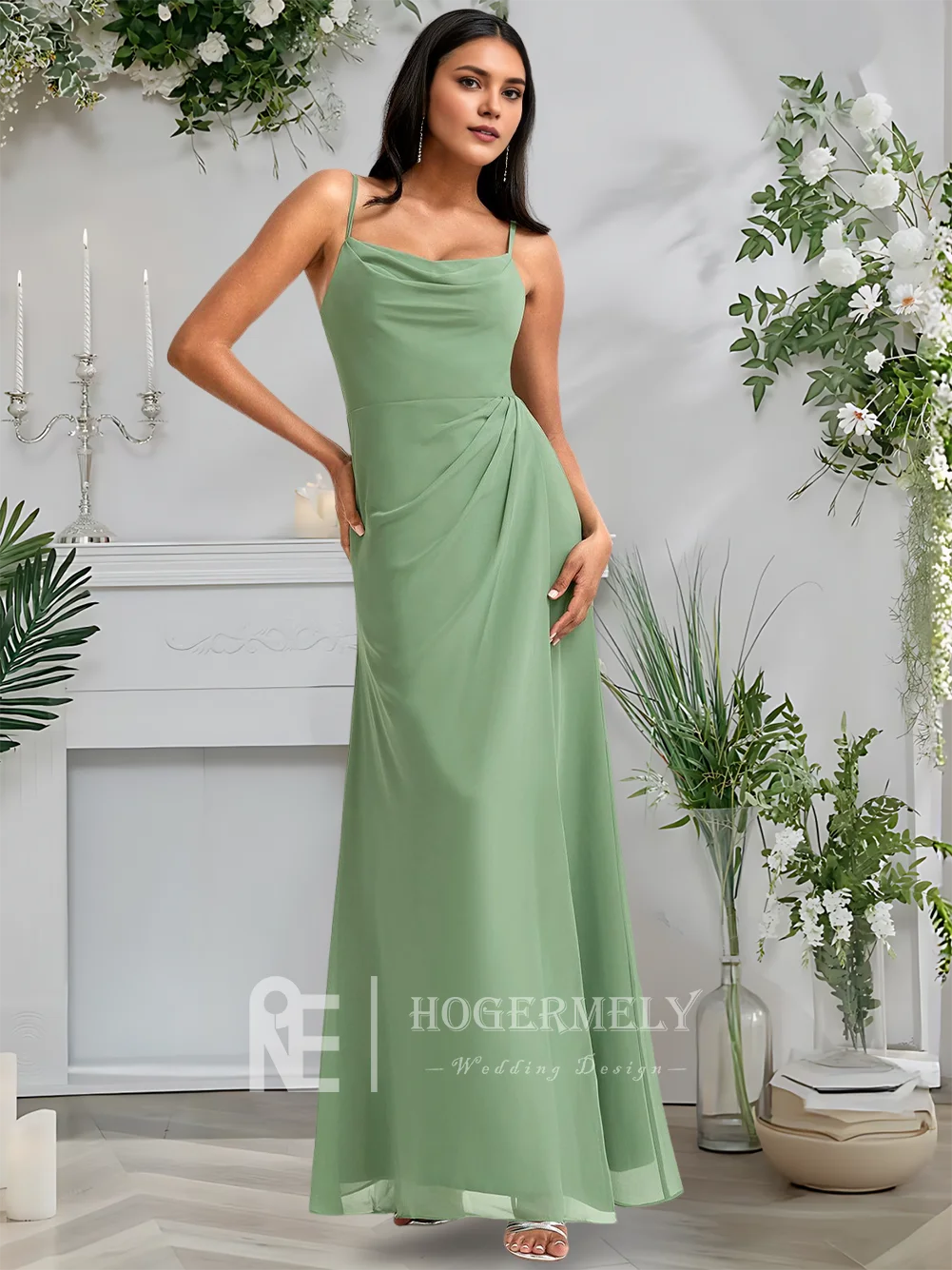

B Women Basil A-Line Cowl Floor-Length Chiffon Bridesmaid Dresses Spaghetti Straps Wedding Party Guest Cocktail 2025​