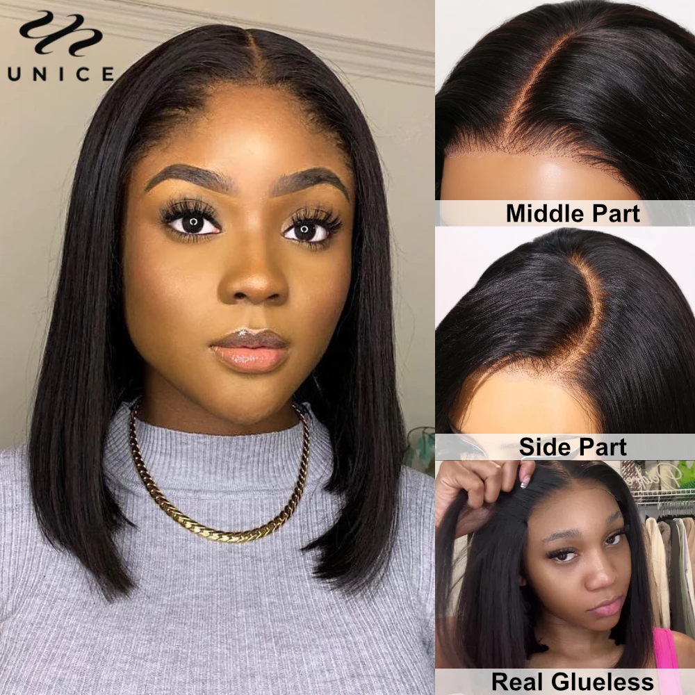 

UNice 7x5 Pre Cut Pre Bleached Glueless Wig Silky Straight Bob Wig Short Human Hair Bob Lace Front Wig Human Hair Ready To Wear