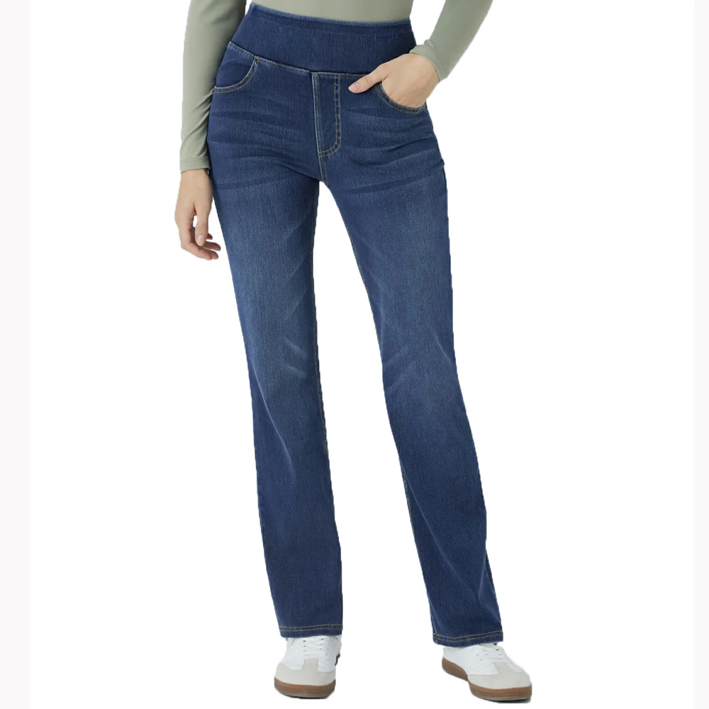Shascullfites Pull on Tummy Control High Waisted Multiple Pockets Dark Blue Washed Stretchy Knit Casual Bootcut Jeans