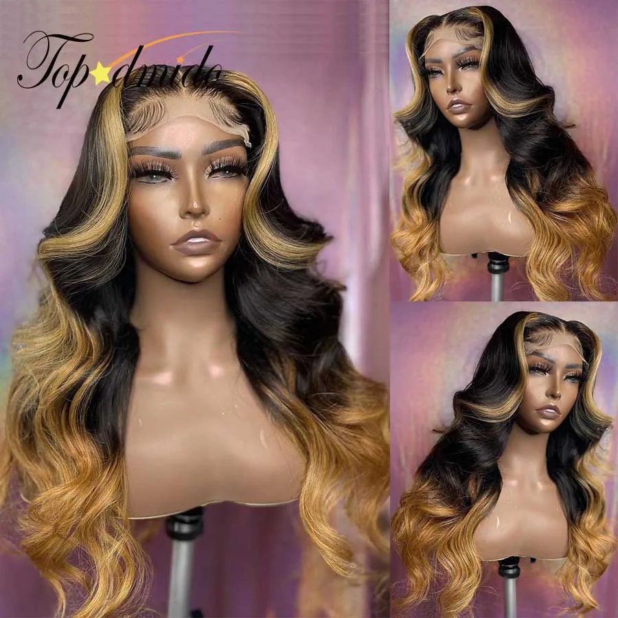 Topodmido 13X6 Wig Rambut Brasil dengan Bagian Tengah Warna Pirang Sorot 13X4 Wig Renda Transparan Rambut Manusia 4X4 Wig Penutup