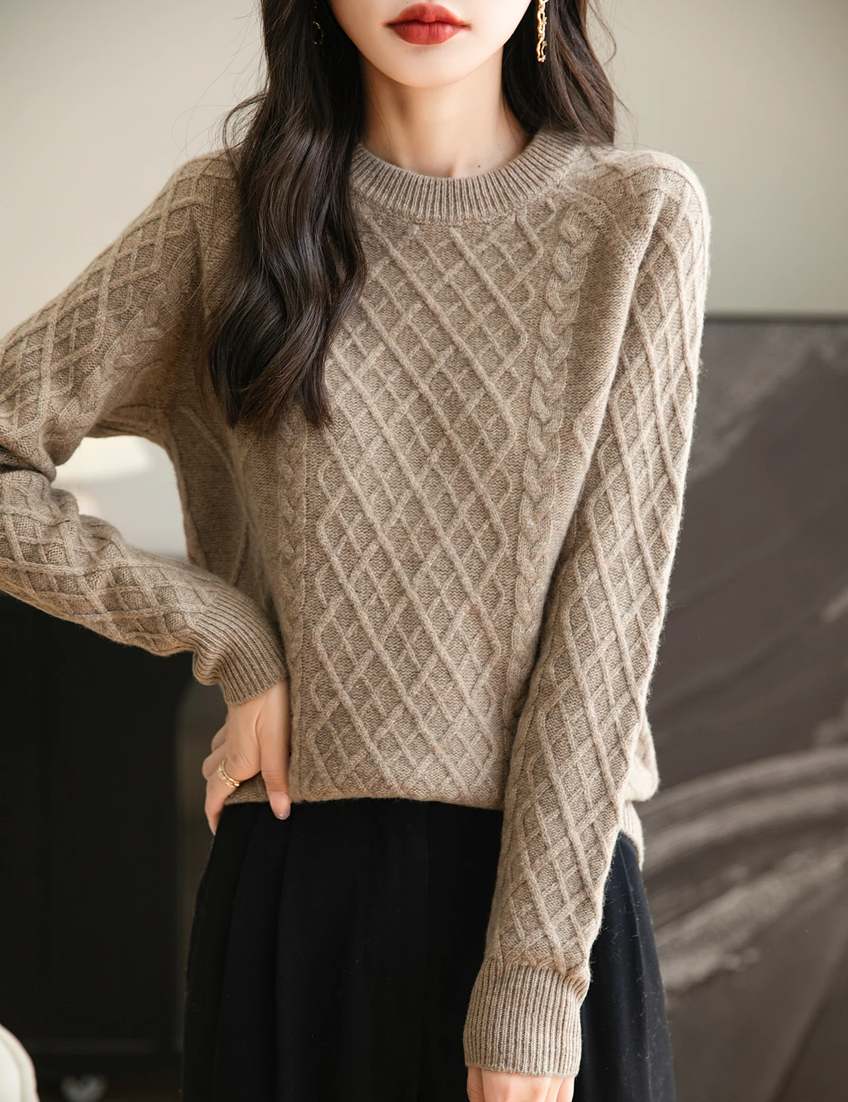 Women's Crew Neck Tops 100% Merino Wool Sweater 2024 Fall Winter Vintage Warm Soft Long Sleeve Knit Cable Sweater Women Clothing