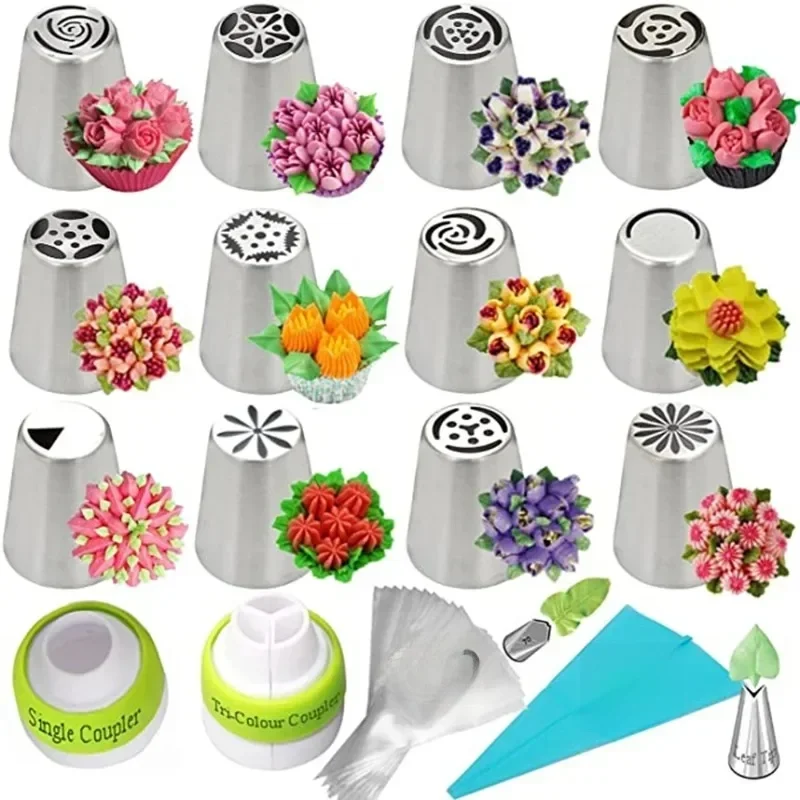 Ensemble de douilles de glaçage tulipe russe, en acier inoxydable, pour crème à fleurs, pointes de pâtisserie, sac, outil de décoration de gâteaux et cupcakes, 13/8 pièces