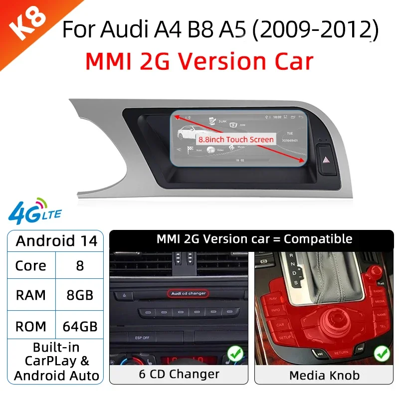 Android 14 Draadloze Carplay Autoradio voor Audi A4 B8 A5 2008-2017 GPS Autoradio IPS Touchscreen Multimedia Android Auto BT DSP - afbeelding 1