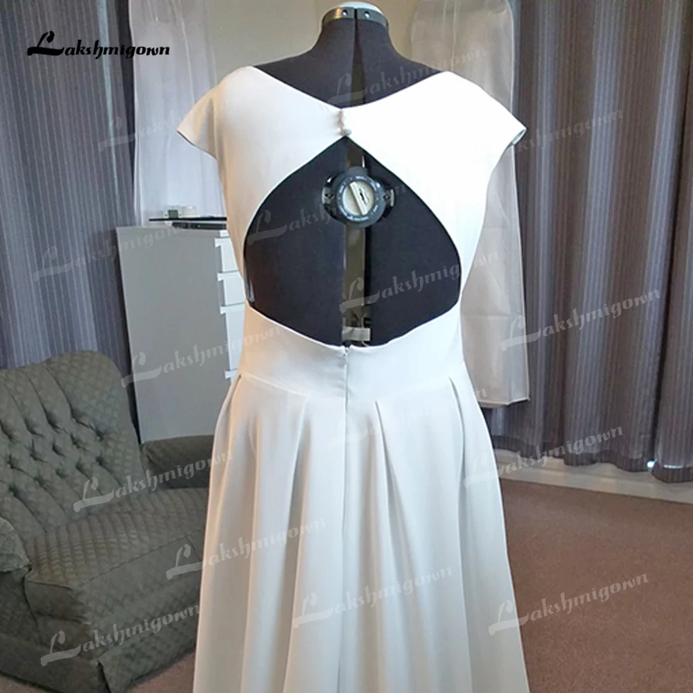 Simple Split V Neck Short Cap Sleeve Backless Belt Pleat Satin A Line Wedding Dress For Women Sexy Bride Gown Sweep Robe Vestido