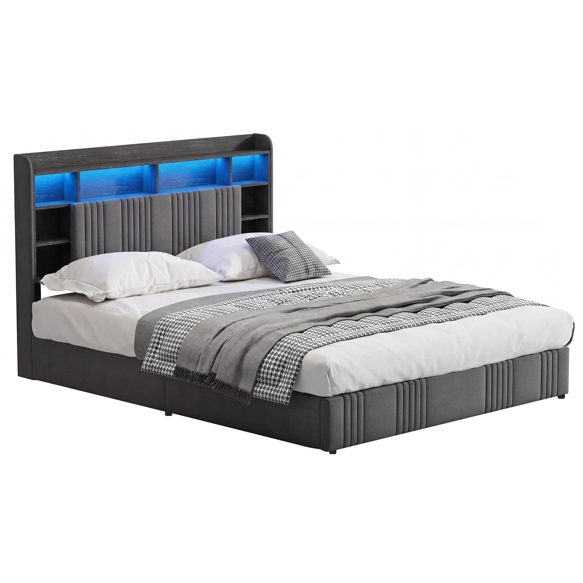 Superaly, 140×200 cm Doppelbett, Erwachsenenbett, Bett für kleine Schlafzimmer, hydraulisches Bett, Polsterbett, Bett mit Stauraum, Kopfteil mit mehreren Staufächern, Bettgestell mit großer