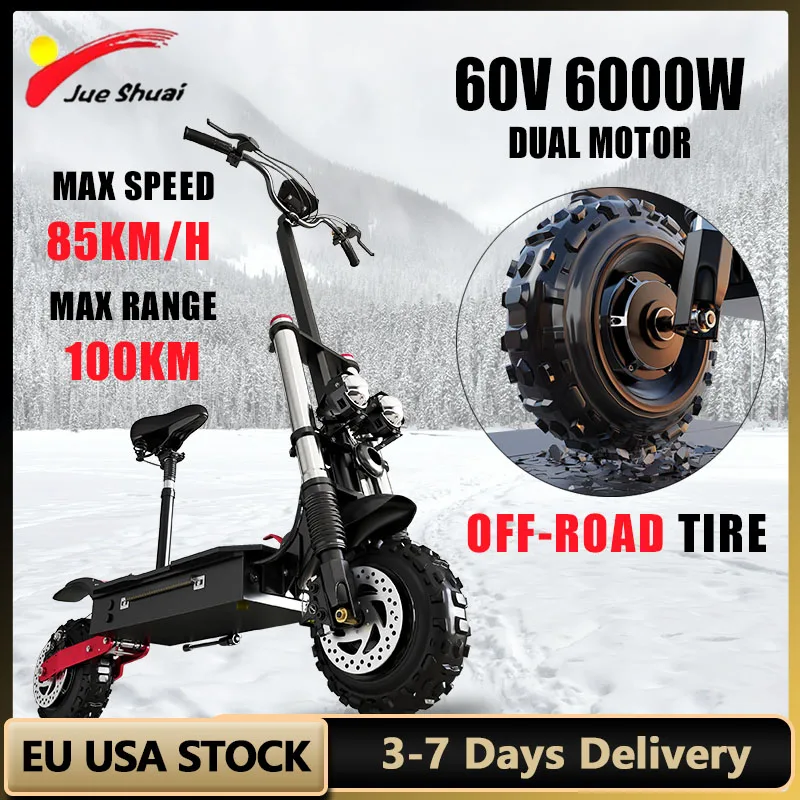 72V 6000W Dual Drive Electric Scooter 85KM/H Max Speed Scooter Electric Double Hydraulic Shock Absorption электро самокат