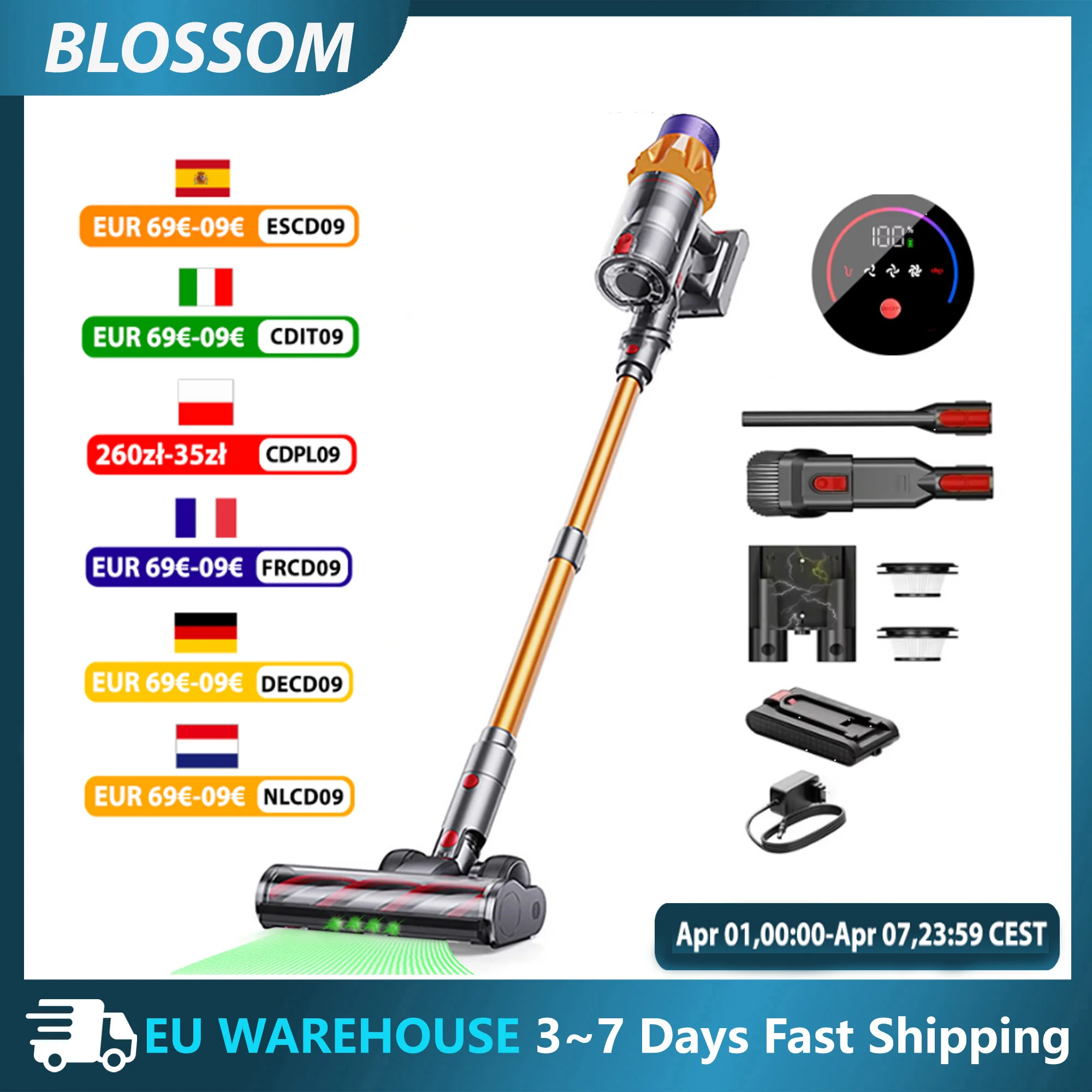 Aspirateur à main sans fil Blossom 550W 45kPA avec écran tactile, capteur de poussière et contrôle automatique de la vitesse pour poils d'animaux, nettoyage de tapis et maison