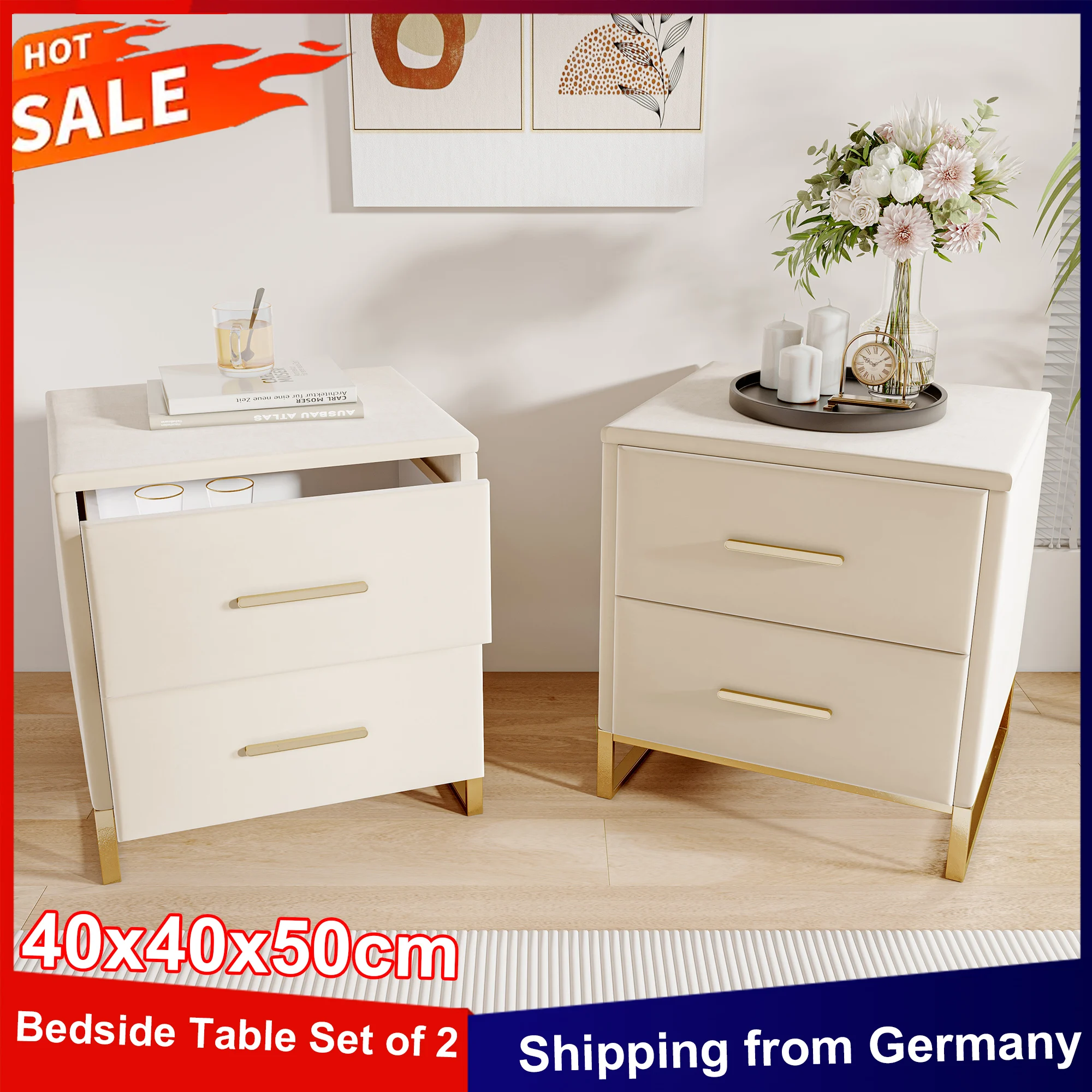 Anajqaqia 2er-Set Nachttisch 40 x 40 x 50 cm, mit 2 Schubladen, Beistelltisch mit Metallbeinen, Nachttischschrank für Schlafzimmer, Wohnzimmer