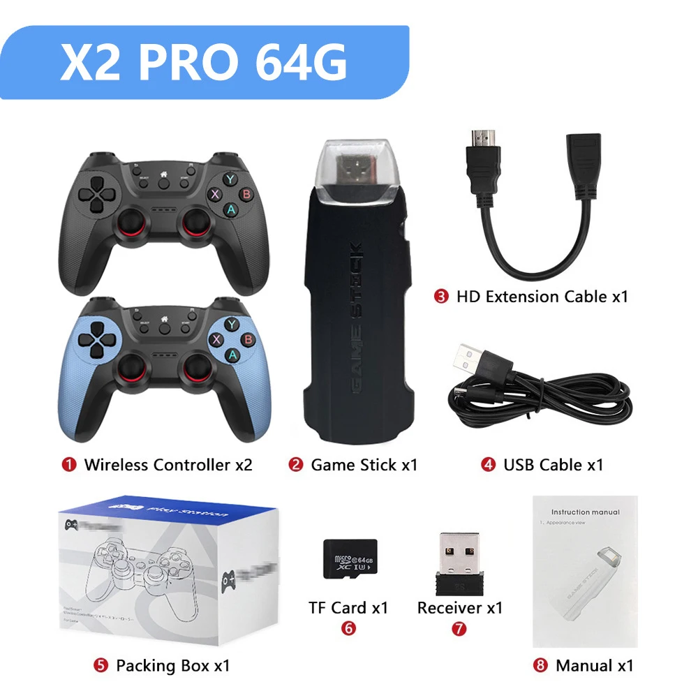 

Super Console 64G X2PRO Blue 2.4G Dual Wireless Controller Video Game Stick 4K Retro game HD Output For Dropshiopping Xmas Gift