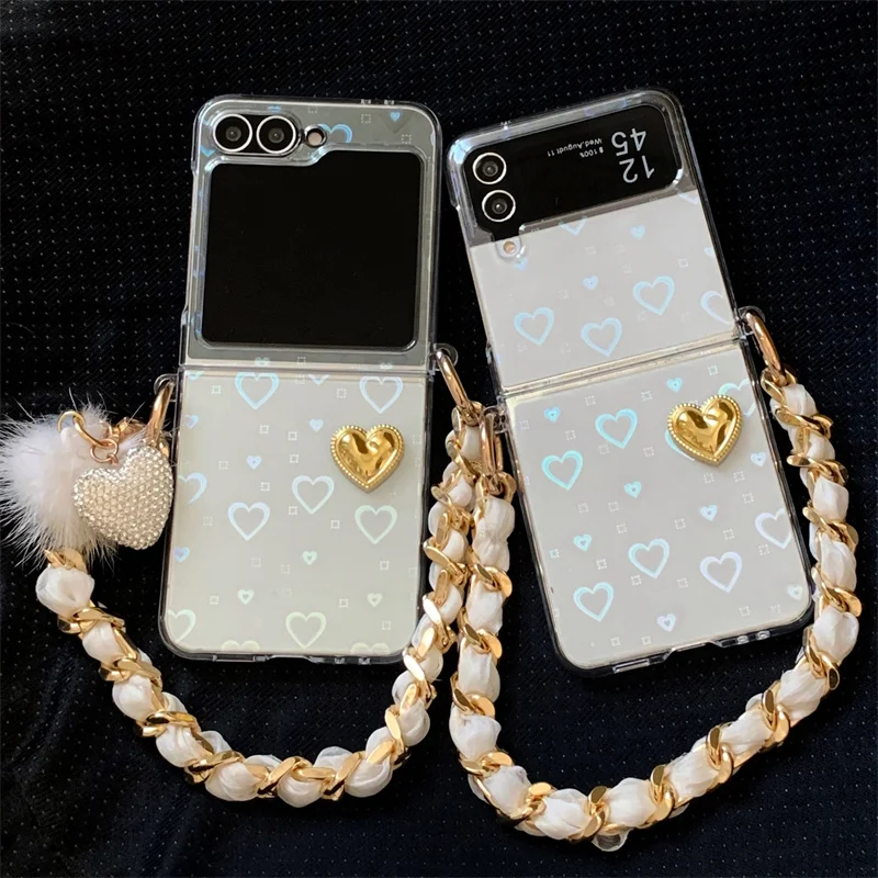 

Luxury Silk Scarf 3D Love phone case for Samsung Galaxy Z Flip6 5 zflip4 flip3 flip4 5G folding screen fashion flip with chain