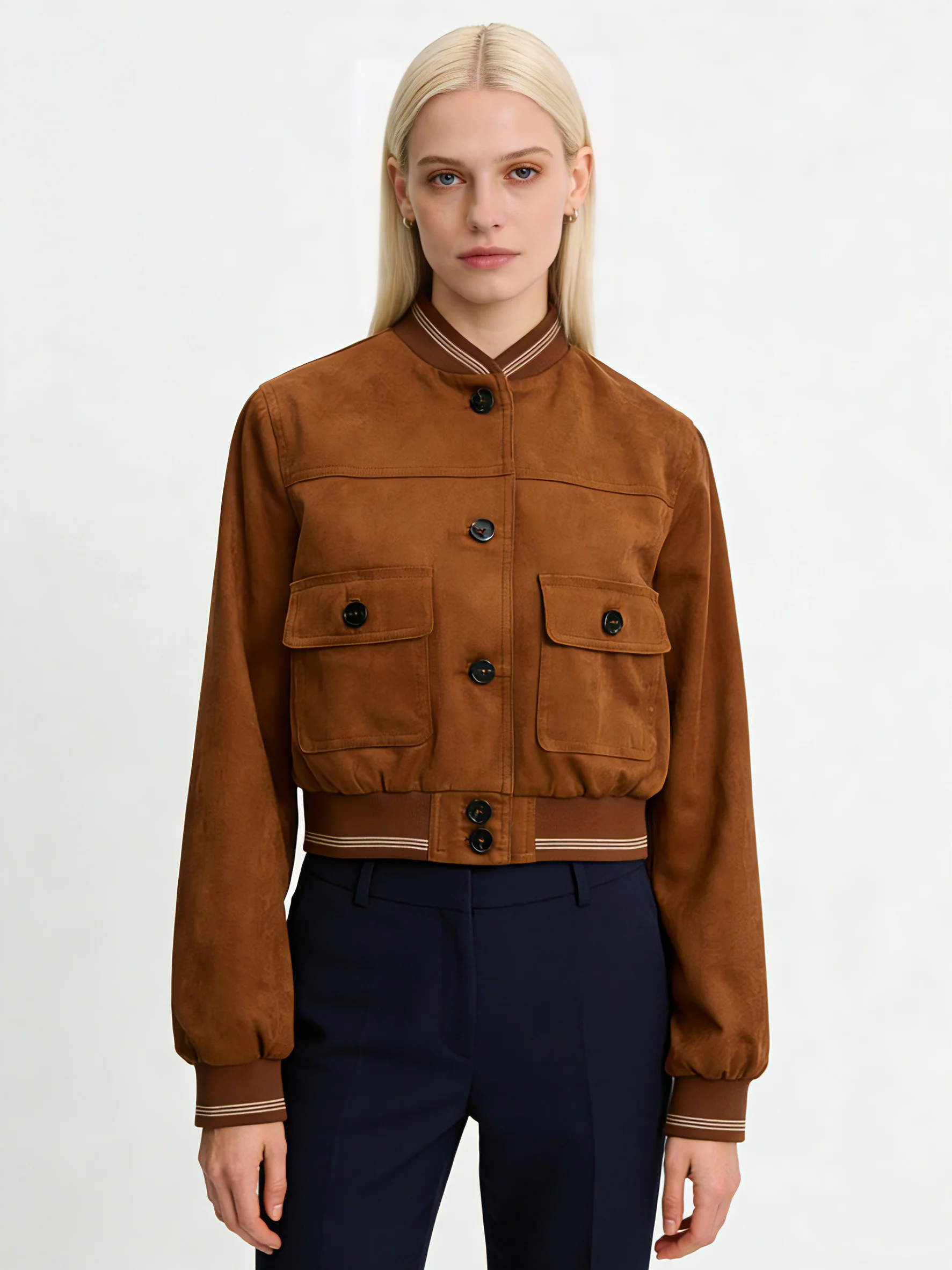 レディース キャラメル スエード クロップド ボンバー ジャケット ボタンアップ ベースボール スタイル アウター