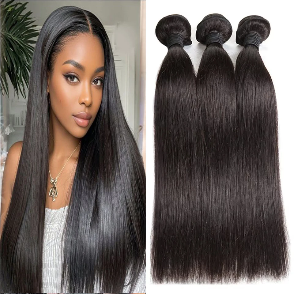 Extensions de cheveux humains lisses de 28, 30 et 32 pouces, couleur naturelle brésilienne, 1, 3 ou 4 pièces, 100% tissage de cheveux humains lisses