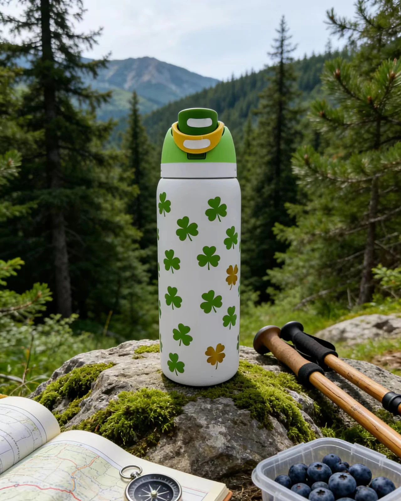 

owalaa White background with four-leaf clover print Bottle, 32 oz, 945 ml, retains heat for over 24 h.