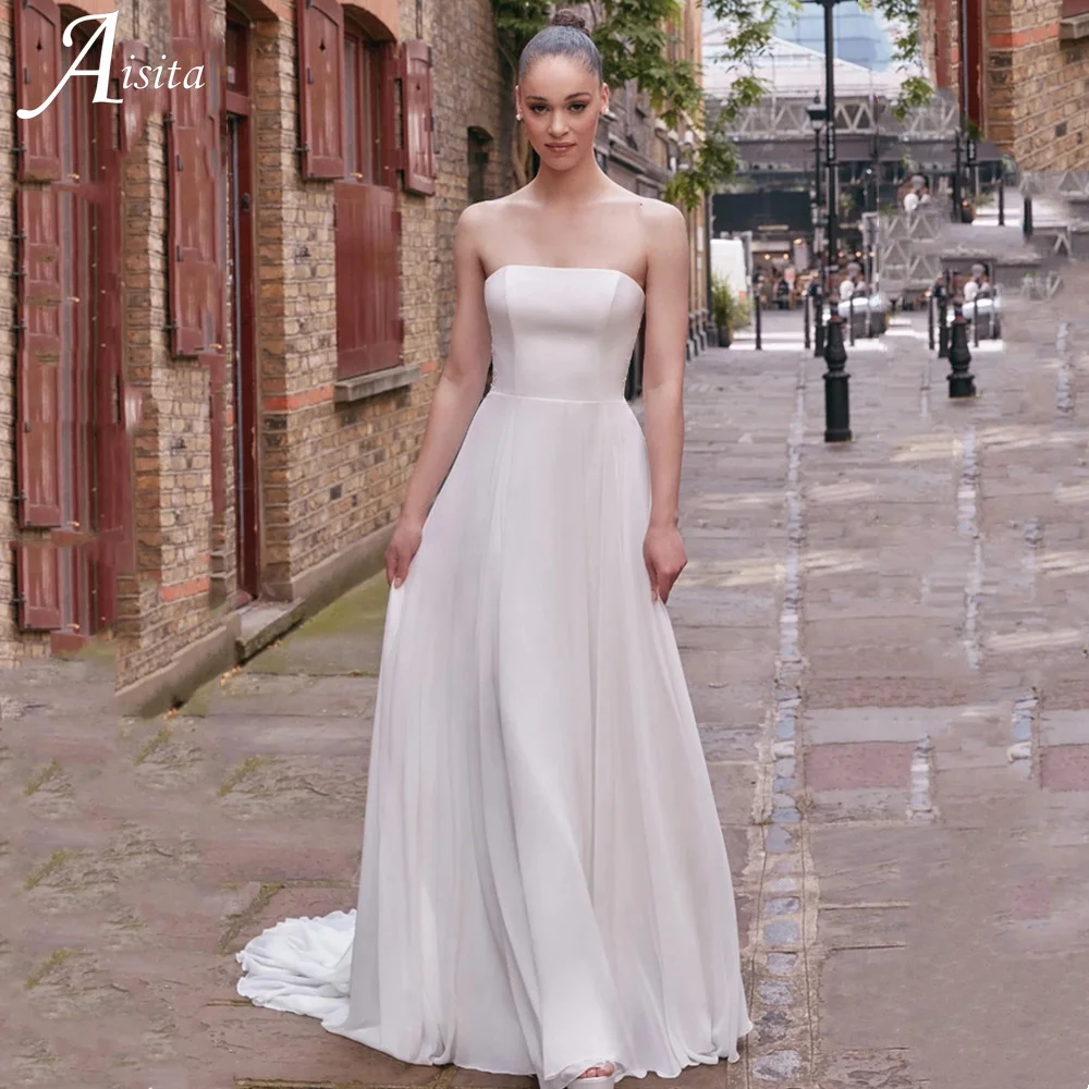 Semplice Top in raso e abiti da sposa in cassettiera romantico senza spalline a-line Vestidos De Novia abito da sposa senza maniche in giada classica