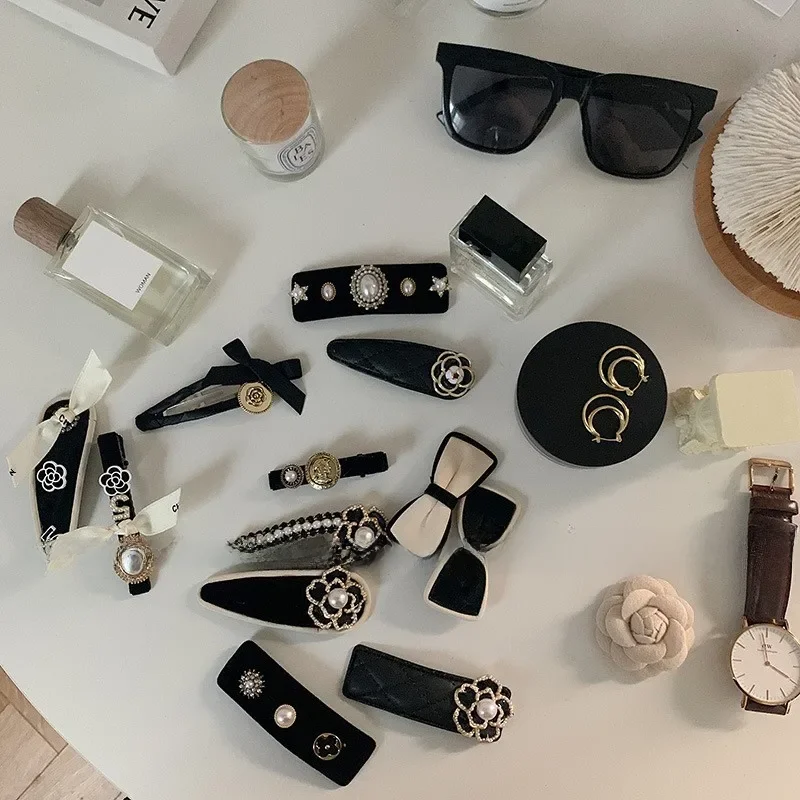 Pinces à cheveux camélia élégantes pour femmes, accessoires pour cheveux, ensemble de cordons, vente en gros, français, classique, noir, blanc, rose, perle, nouveau, 2024