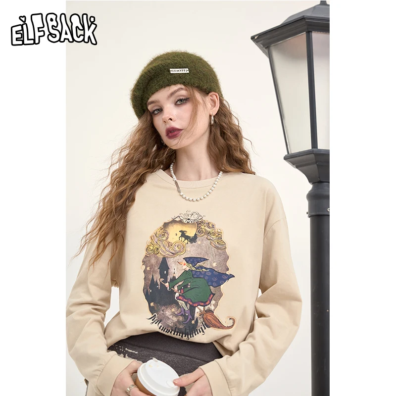 ELFSACK 2024 Winter New Arrivals Long-sleeved T-shirt for women, original witch print, retro, casual, bottoming shirt