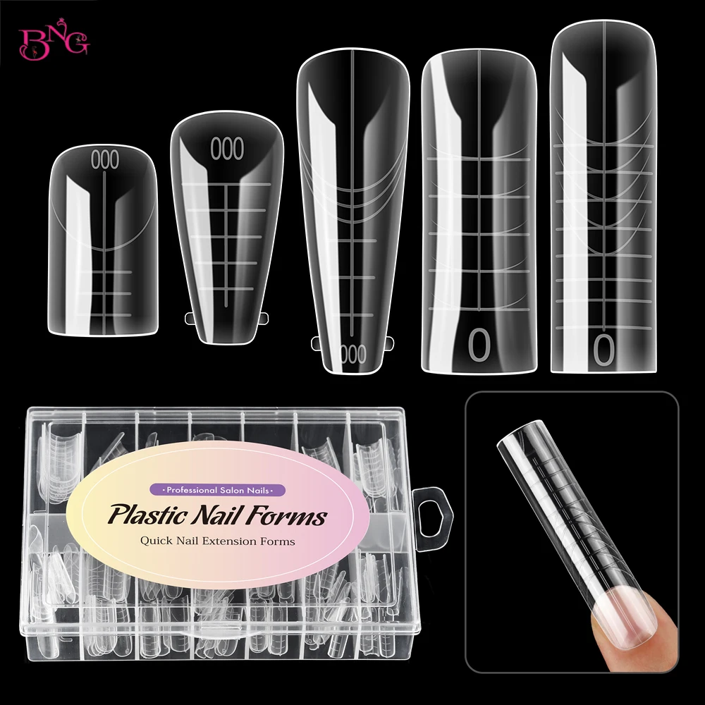 BNG 140Pcs Flexible Dual Nail Forms Ballet Coffin Square Extension Soft Plastic Nail Form Full Cover Reusable Nail Molds 14 Size