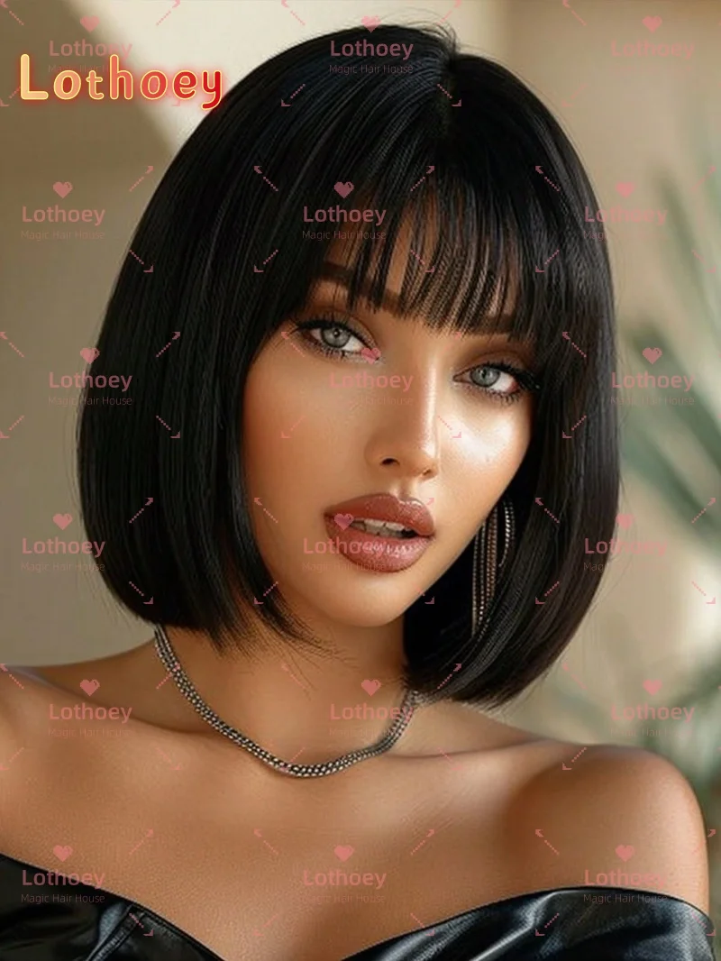 

Black straight bangs wig Natural luster glue-free Highlight Human wig multiple lengths for black women Silk base wig Lothoey