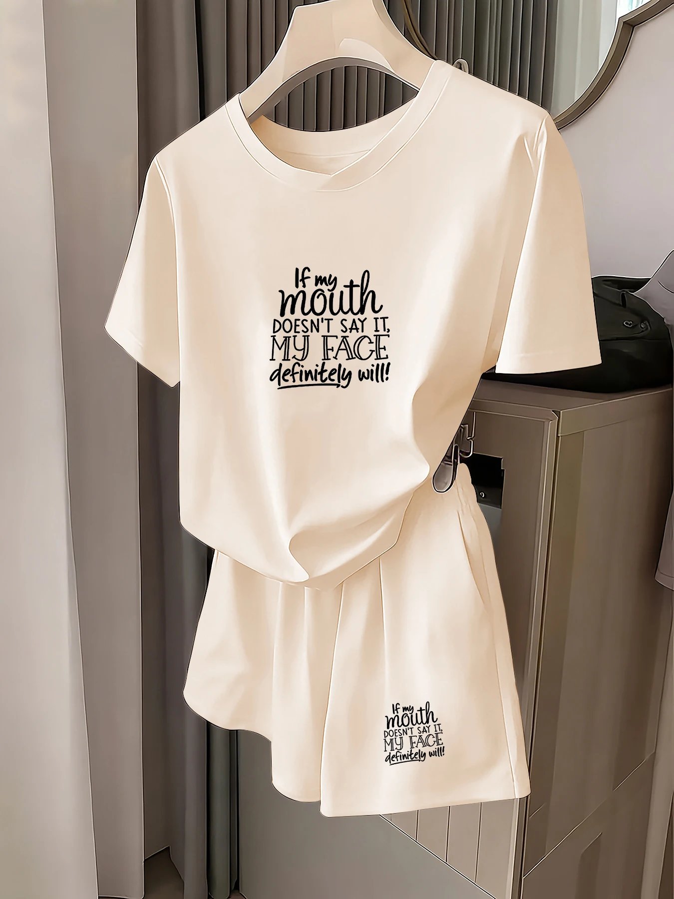 

Summer Casual Sports Set if My Mouth Letter Print Short-Sleeve Top + Shorts Fun and Unique Casual Sports Two-Piece Set