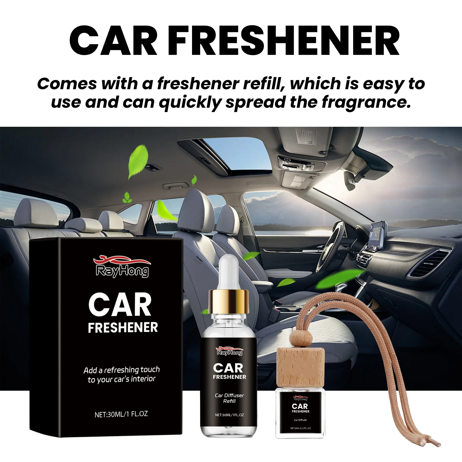 Rayhong 30ml Car Air Freshener Refill With Hanging Diffuser Car Bedroom Fragrance Lasting Air Freshing Vehicle Deodorant Liquid