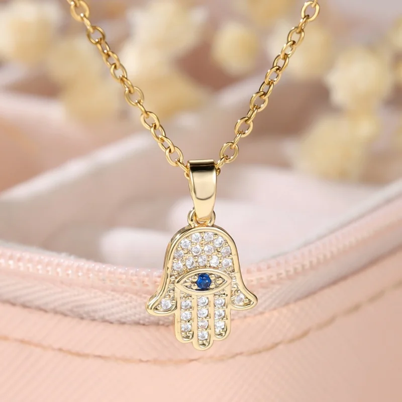 Evil Eye & Hand Pendant Necklace and Earrings Set Cool Party Gift for Her Women Trendy Zircon Crystal Necklace Stud Earrings