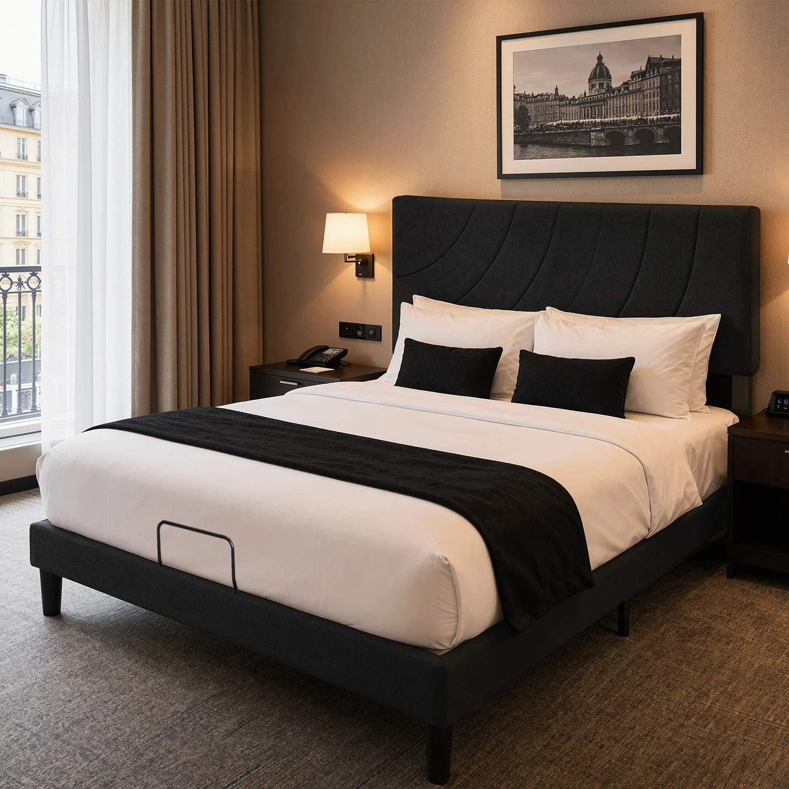 Letto per adulti 140×200 cm – Testiera imbottita curva regolabile – Fermo antiscivolo per materasso – Stile classico moderno – Capacità di carico massima 500 kg – Lino nero