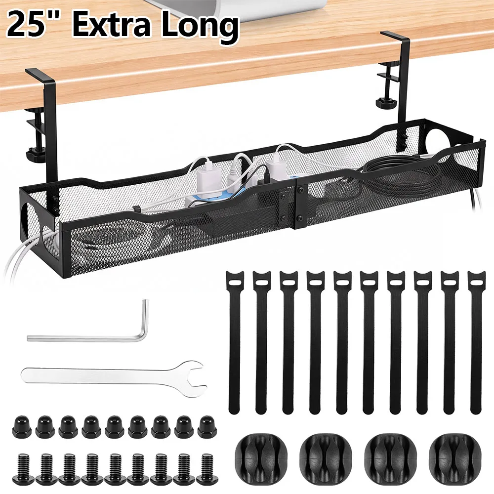 25" Extra Long Under Table Storage Rack Large Capacity Metal Cable Management Tray No Drill Under Desk Cord Holder for Office
